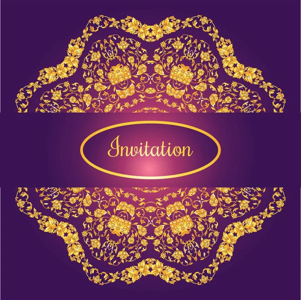 Blumengeschmückte Einladungskarte mit antiken, luxuriösen goldenen Vintage-Ornamenten auf violettem Hintergrund, viktorianischem Banner, Damast-Barock-Booklet, Modemuster, Design-Vorlage — Stockvektor