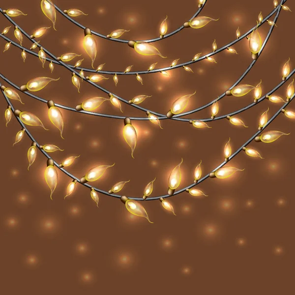 七彩发光圣诞 Lights.Vector 背景下新的一年。节日插画、 发光电动花环、 闪闪发光的灯泡和电线装饰 — 图库矢量图片