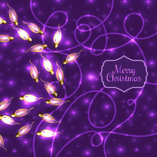 Luces de Navidad brillantes de colores sobre fondo violeta. Los elementos vectoriales se pueden utilizar como telón de fondo para la decoración de Año Nuevo o en el diseño de tarjetas. Ilustración de vacaciones, guirnalda eléctrica luminosa, luz brillante b — Archivo Imágenes Vectoriales