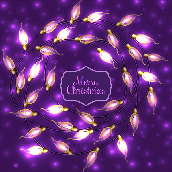 Luces de Navidad brillantes de colores sobre fondo violeta. Los elementos vectoriales se pueden utilizar como telón de fondo para la decoración de Año Nuevo o en el diseño de tarjetas. Ilustración de vacaciones, guirnalda eléctrica luminosa, luz brillante b — Archivo Imágenes Vectoriales