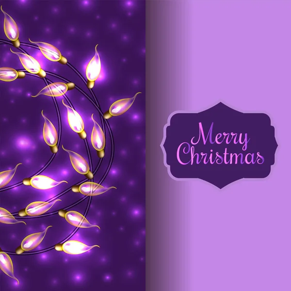 Színes izzó karácsonyi fények a lila háttér. Vektor elemek lehet használni, mint a hátteret újévi dekoráció, vagy a kártyák tervezése. Holiday illusztráció, fényes elektromos füzér, a csillogó fény b — Stock Vector