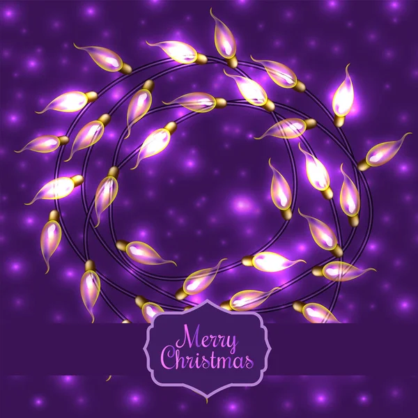 Luces de Navidad brillantes de colores sobre fondo violeta. Los elementos vectoriales se pueden utilizar como telón de fondo para la decoración de Año Nuevo o en el diseño de tarjetas. Ilustración de vacaciones, guirnalda eléctrica luminosa, luz brillante b — Archivo Imágenes Vectoriales