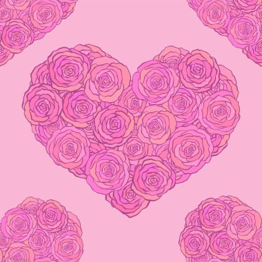 Elle çizilmiş doodle seamless modeli, gül pembe bir arka plan üzerinde yapılmış Kalpler.