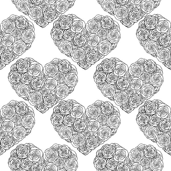 Hand drawn doodle seamless pattern, hearts made of roses on white background. — Stock Vector