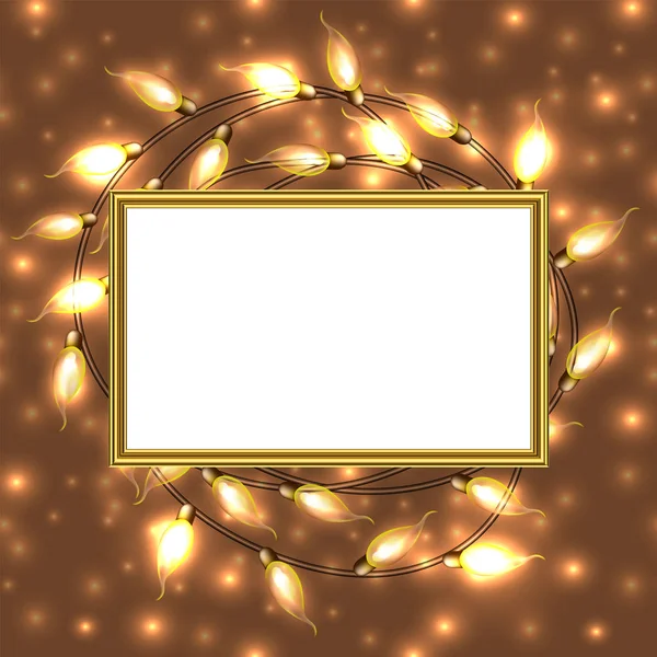 Luzes de Natal brilhantes coloridas com moldura e lugar para text.Vector elementos podem ser usados como pano de fundo ou novo cartão de ano, convite. Ilustração de férias, guirlanda elétrica luminosa, lâmpadas brilhantes — Vetor de Stock