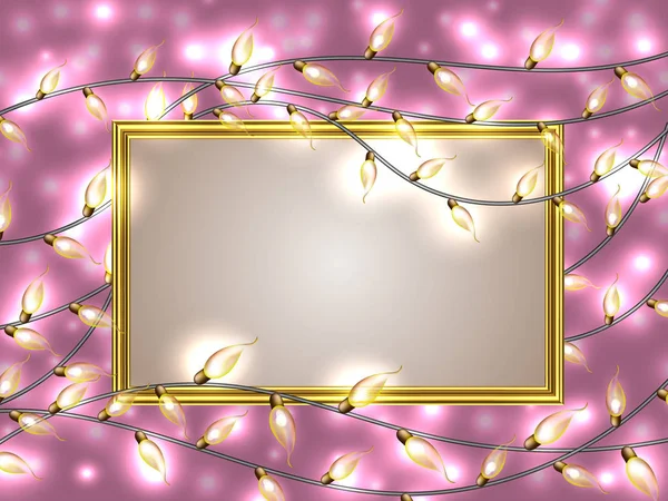 Золотая рамка с местом для текста в окружении красочных светящихся рождественских светильников. Праздничный фейерверк, светящаяся электрическая гирлянда, сияющий свет бу — стоковый вектор