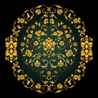 Çiçek dekore edilmiş davetiyeli antika, lüks altın antika süsleme yeşil degrade arka plan, Viktorya dönemi afiş, Şam Barok tarzı kitapçık, moda deseni, şablon tasarımı için