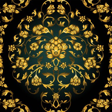 Çiçek dekore edilmiş davetiyeli antika, lüks altın antika süsleme yeşil degrade arka plan, Viktorya dönemi afiş, Şam Barok tarzı kitapçık, moda deseni, şablon tasarımı için