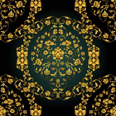 Çiçek dekore edilmiş davetiyeli antika, lüks altın antika süsleme yeşil degrade arka plan, Viktorya dönemi afiş, Şam Barok tarzı kitapçık, moda deseni, şablon tasarımı için