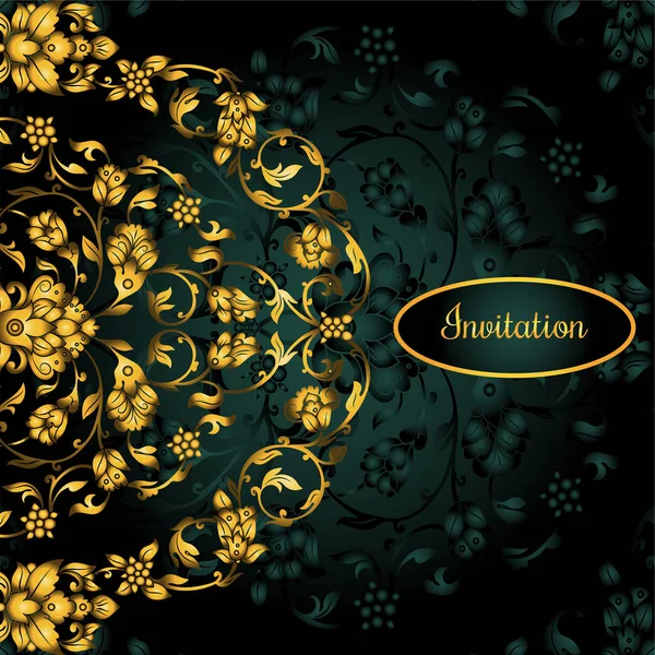 Floral decorado cartão de convite com antigo, ornamento vintage ouro de luxo em fundo gradiente verde, banner vitoriano, damasco estilo barroco livreto, padrão de moda, modelo para design — Vetor de Stock
