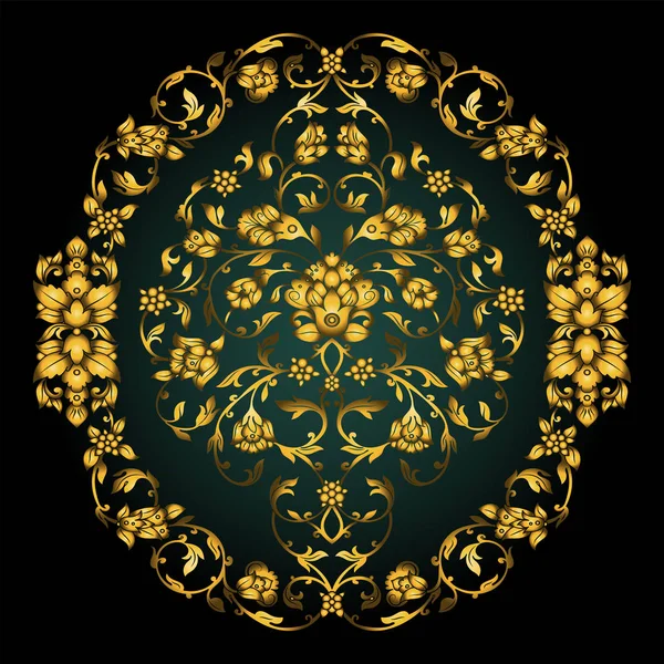 Blumengeschmückte Einladungskarte mit antikem, luxuriösem Gold-Vintage-Ornament auf grünem Gradientenhintergrund, viktorianischem Banner, Damast-Barock-Booklet, Modemuster, Design-Vorlage — Stockvektor