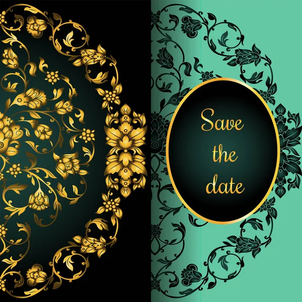 Karta kwiatowy zaproszenie zdobione z antykami, luksusowe złoto vintage ornament na zielone tło gradientowe, transparent wiktoriański, barok stylu barokowym broszury, moda wzór, szablon dla projektu — Wektor stockowy
