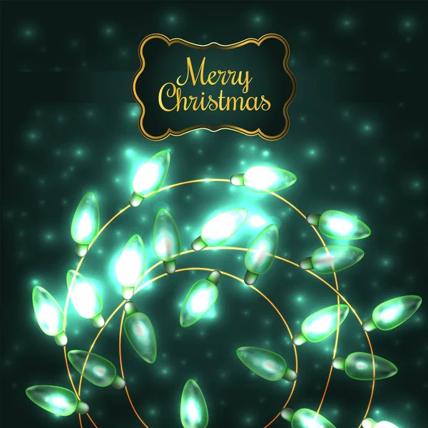 Renkli yeşil parlayan Noel Lights.Vector öğeleri yeni yıl dekorasyon için fon olarak kullanılabilir. Tatil illüstrasyon, parlak elektrik garland, parlak ışık Ampüller ve tel — Stok Vektör