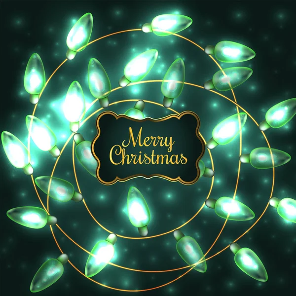 Colorido verde brilhante Natal Lights.Vector elementos podem ser usados como pano de fundo para a decoração do ano novo. Ilustração de férias, guirlanda elétrica luminosa, lâmpadas brilhantes e arame —  Vetores de Stock