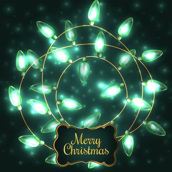 Colorido verde brilhante Natal Lights.Vector elementos podem ser usados como pano de fundo para a decoração do ano novo. Ilustração de férias, guirlanda elétrica luminosa, lâmpadas brilhantes e arame —  Vetores de Stock