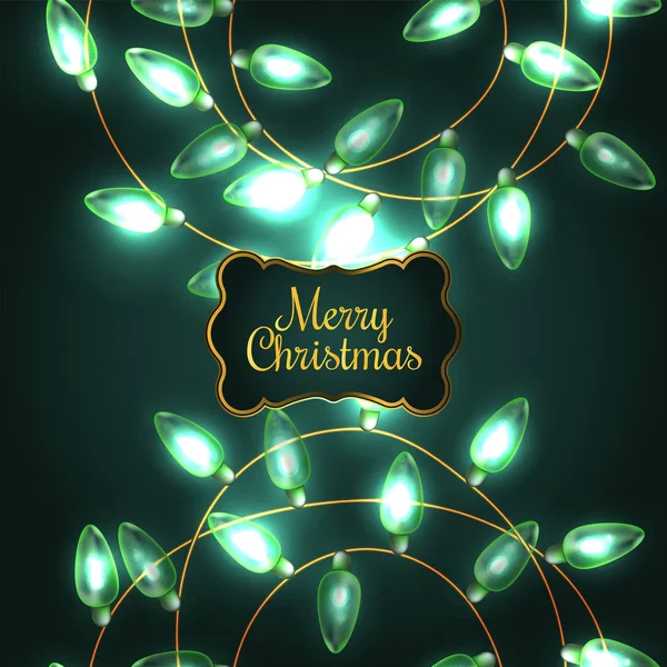 Colorido verde brilhante Natal Lights.Vector elementos podem ser usados como pano de fundo para a decoração do ano novo. Ilustração de férias, guirlanda elétrica luminosa, lâmpadas brilhantes e arame —  Vetores de Stock