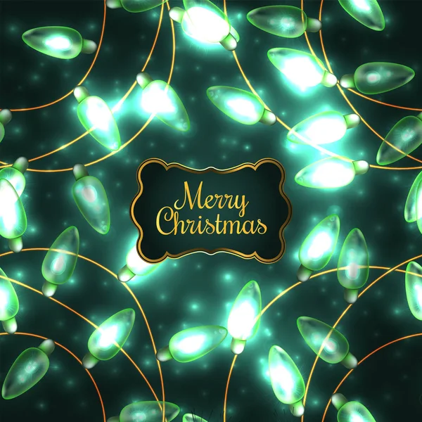 Újévi dekoráció színes zöld izzó karácsonyi Lights.Vector elemek hátterében használható. Holiday illusztráció, fényes elektromos füzér, fényes izzók és -huzal — Stock Vector