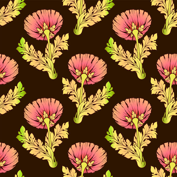 Садовые цветы тёмного цвета. Бесшовный, раскрашенный вручную, мягкий градиентный рисунок. Векторный фон может использоваться в качестве фона или в текстильной конструкции
