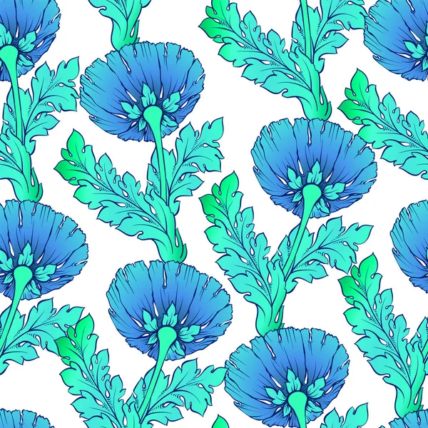 Jardim flores azuis isoladas em branco. Padrão sem costura, pintado à mão, gradiente suave. Fundo vetorial pode ser usado como pano de fundo ou em design têxtil — Vetor de Stock