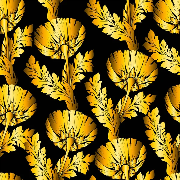 Guld trädgård blommor på svart. Sömlös, handmålade, mjuk gradient mönster. Vector bakgrund kan användas som bakgrund eller textil formgivning — Stock vektor