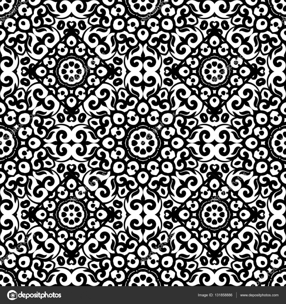 黒と白の飾りとシームレスなパターンをベクトルします 東スタイルのビンテージ デザイン要素です 装飾用レースの網目模様 華やかな花の装飾のための壁紙 白 B に分離された伝統的なアラビア風内装 ストックベクター C Miamilky