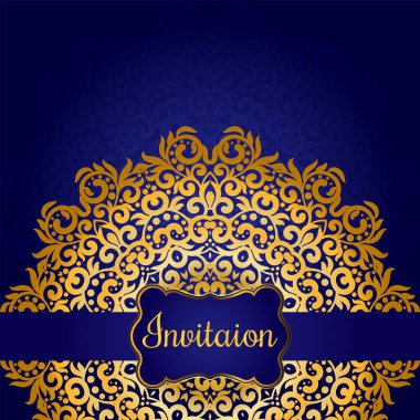 Zengin altın davetiye Hint tarzı. Mandalalar bohem kartlarla. Koyu mavi ve altın. Tasarım veya zemin için benzersiz bir şablon