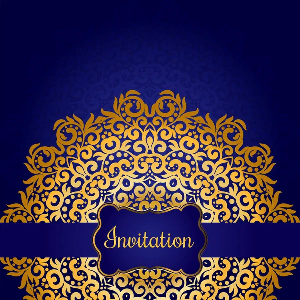 インド スタイルの豊かなゴールドの招待カード。マンダラと自由奔放なカード。ロイヤル ブルー、冷たい飾り。デザインや背景にユニークなテンプレート — ストックベクタ