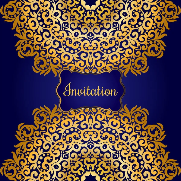 Rich gold invitation card in the Indian style. Bohemian Cards with mandalas. Royal blue and cold ornament . Unique template for design or backdrop — Stock Vector