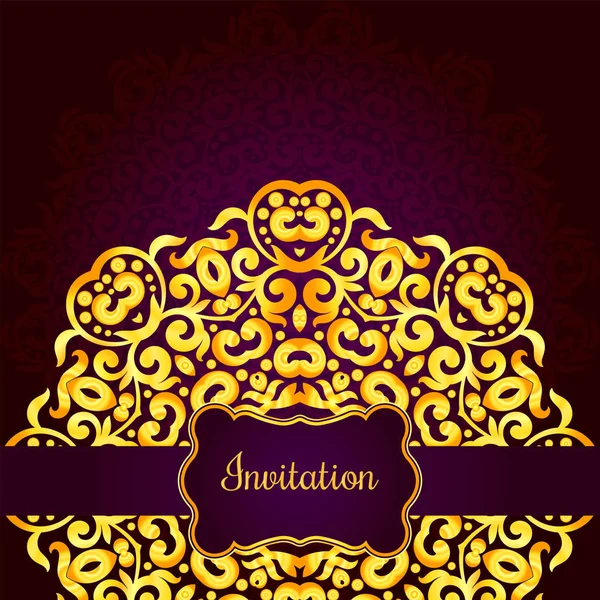Rich gold invitation card in the Indian style. Bohemian Cards with mandalas. Royal purple and gold. Unique template for design or backdrop — Stock Vector