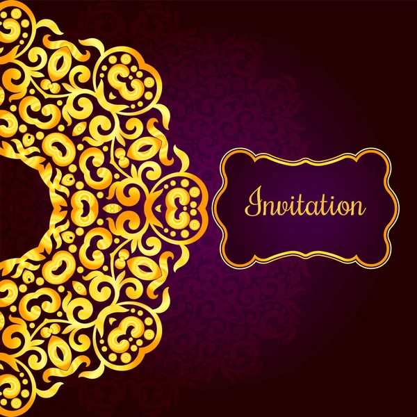 Rich gold invitation card in the Indian style. Bohemian Cards with mandalas. Royal purple and gold. Unique template for design or backdrop — Stock Vector