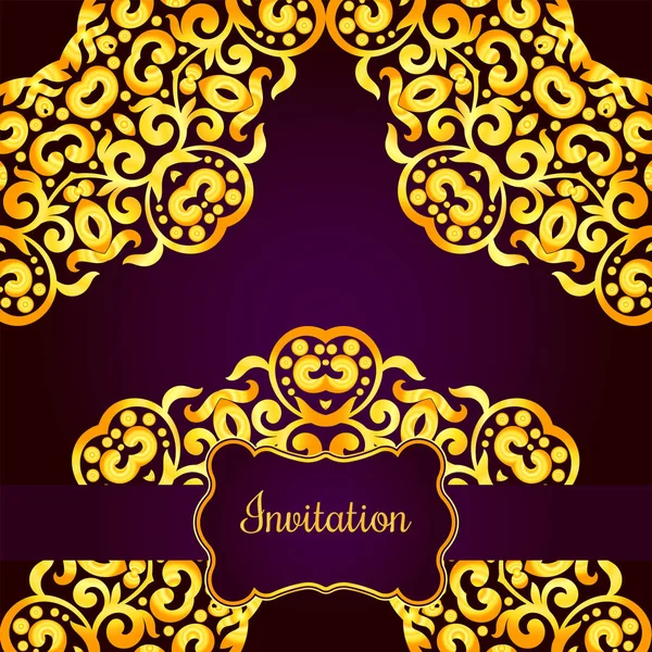 Rich gold invitation card in the Indian style. Bohemian Cards with mandalas. Royal purple and gold. Unique template for design or backdrop — Stock Vector