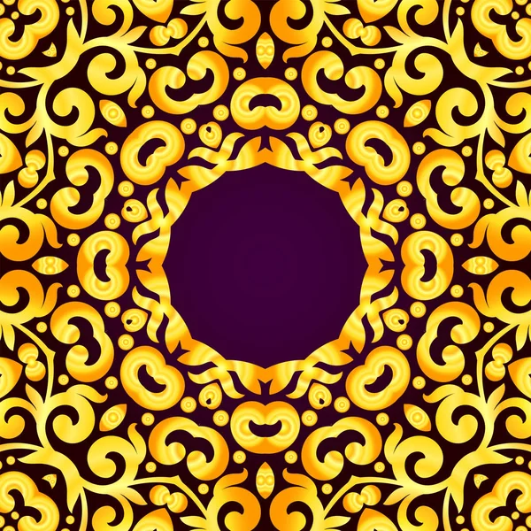 Tarjeta de invitación de oro rico en el estilo indio. Tarjetas Bohemia con mandalas. Púrpura real y oro. Plantilla única para diseño o telón de fondo — Vector de stock