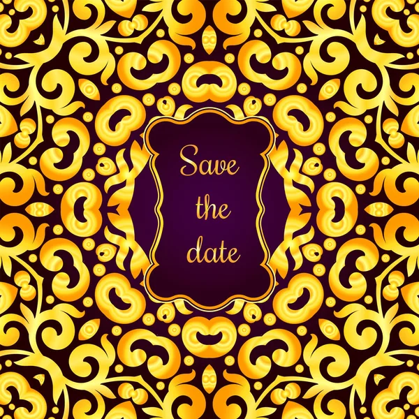 Carte d'invitation riche en or dans le style indien. Cartes Bohème avec mandalas. Violet royal et or. Modèle unique pour la conception ou la toile de fond — Image vectorielle