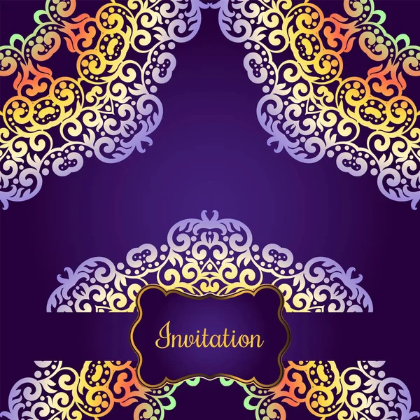 結婚式の招待状、渦巻き模様の繊細なマンダラ パターン。ベクトルの背景。カードまたは招待状。ヴィンテージの装飾的な要素。柔らかいカラフルな背景。イスラム教、アラビア語、インド、オスマン モチーフ. — ストックベクタ