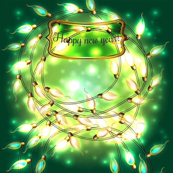 Colorido verde brilhante Natal Lights.Vector elementos podem ser usados como pano de fundo para a decoração do ano novo. Ilustração de férias, guirlanda elétrica luminosa, lâmpadas brilhantes e arame — Vetor de Stock