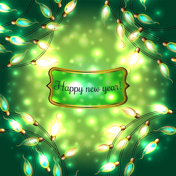 Colorido verde brilhante Natal Lights.Vector elementos podem ser usados como pano de fundo para a decoração do ano novo. Ilustração de férias, guirlanda elétrica luminosa, lâmpadas brilhantes e arame — Vetor de Stock