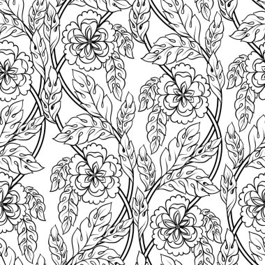 Sorunsuz vektör çiçek arka plan. Güzel desen yaprak, dal ve fantastik çiçekler ile. Victoria oyma motifler. Grafik süsleme, siyah anahat üzerinde beyaz izole