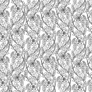 Sorunsuz vektör çiçek arka plan. Güzel desen yaprak, dal ve fantastik çiçekler ile. Victoria oyma motifler. Grafik süsleme, siyah anahat üzerinde beyaz izole