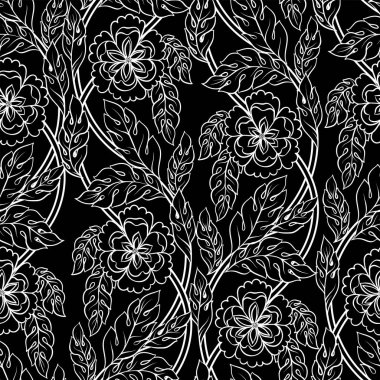Sorunsuz vektör çiçek arka plan. Güzel desen yaprak, dal ve fantastik çiçekler ile. Victoria oyma motifler. Grafik süsleme, siyah zemin, karmaşık beyaz çizgiler