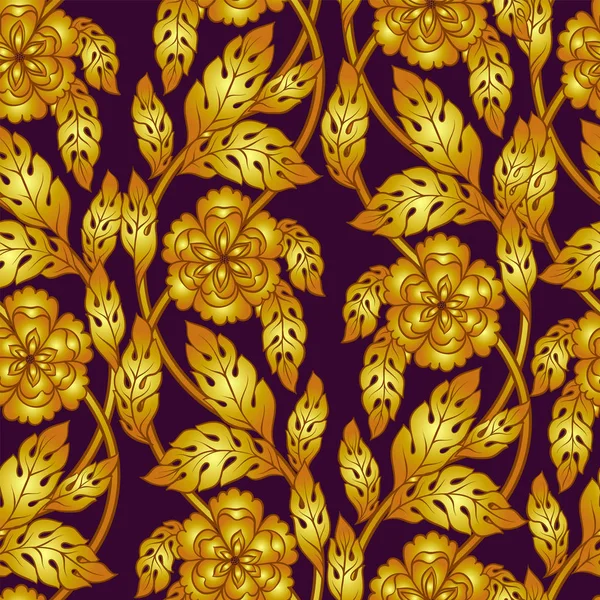 Vector sömlösa mönster med gyllene blommor prydnad. Dekorativ spets bakgrund. Utsmyckade inredning tapet. Ändlösa konsistens. Lyxiga gold dekorativa 3d rosor blommor, blad och antika ornament. — Stock vektor