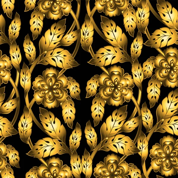 벡터 황금 꽃 장식으로 완벽 한 패턴입니다. 장식용 레이스 배경 막입니다. 화려한 장식 배경 화면입니다. 끝 없는 텍스처. 럭셔리 골드 장식 3d 장미 꽃, 잎 및 장식품 골동품. — 스톡 벡터