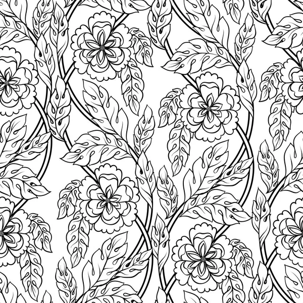 Naadloze vector florale achtergrond. Mooi patroon met bladeren, takken en fantastische bloemen. De motieven van de Victoriaanse maaswerk. Overzicht van de grafische sieraad, zwart op wit wordt geïsoleerd — Stockvector