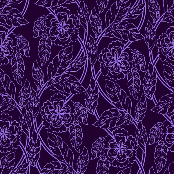 Vector naadloze patroon achtergrond met bloemen takken. Ingewikkelde ornament gemaakt van verdraaide bloemen. Lila lacy overzicht — Stockvector