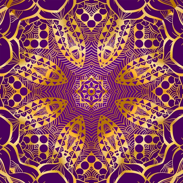 Carte d'invitation riche en or dans le style indien. Cartes Bohème avec mandalas. Violet royal et ornement. Modèle unique pour la conception ou la toile de fond — Image vectorielle