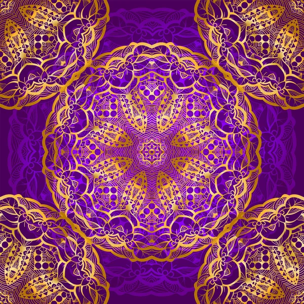 Patrón de oro rico sin costuras en el estilo indio. Azulejo bohemio con mandalas. Púrpura real y adorno. Plantilla única para diseño o telón de fondo — Vector de stock