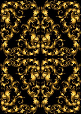 Altın vintage seamless modeli ile siyah arka plan üzerine ayrıntılı elemanları çok.