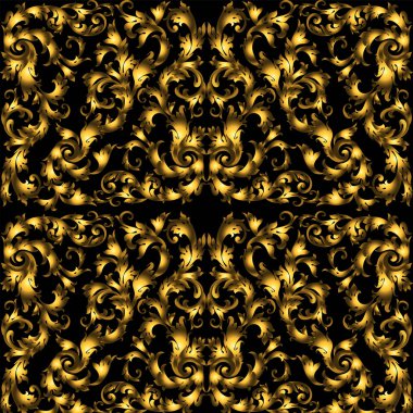 Altın vintage seamless modeli ile siyah arka plan üzerine ayrıntılı elemanları çok.