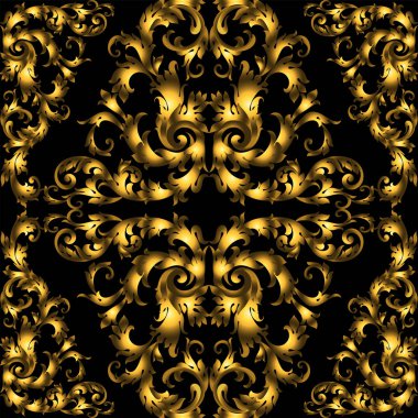 Altın vintage seamless modeli ile siyah arka plan üzerine ayrıntılı elemanları çok.