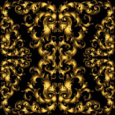 Altın vintage seamless modeli ile siyah arka plan üzerine ayrıntılı elemanları çok.