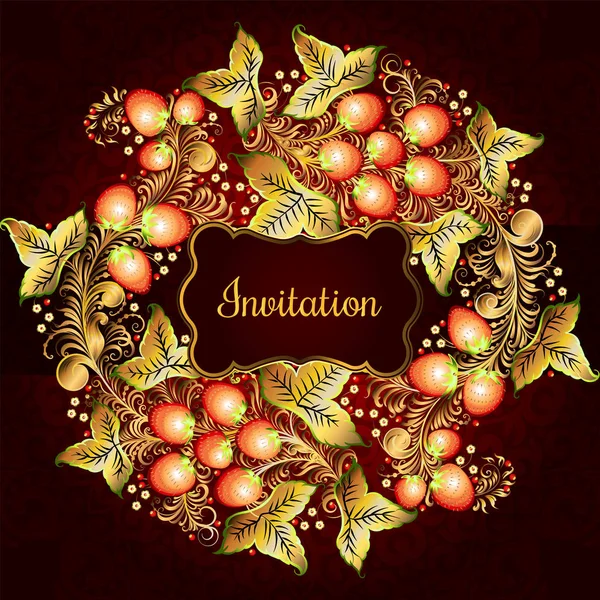 Decoratieve kaart met elementen uit de traditionele Russische nationale schilderkunst in Chochloma stijl - bloemen, bessen en bladeren. Nice gedetailleerde decoratie, ontwerpelement, vector graphics. Sjabloon forbanners, — Stockvector